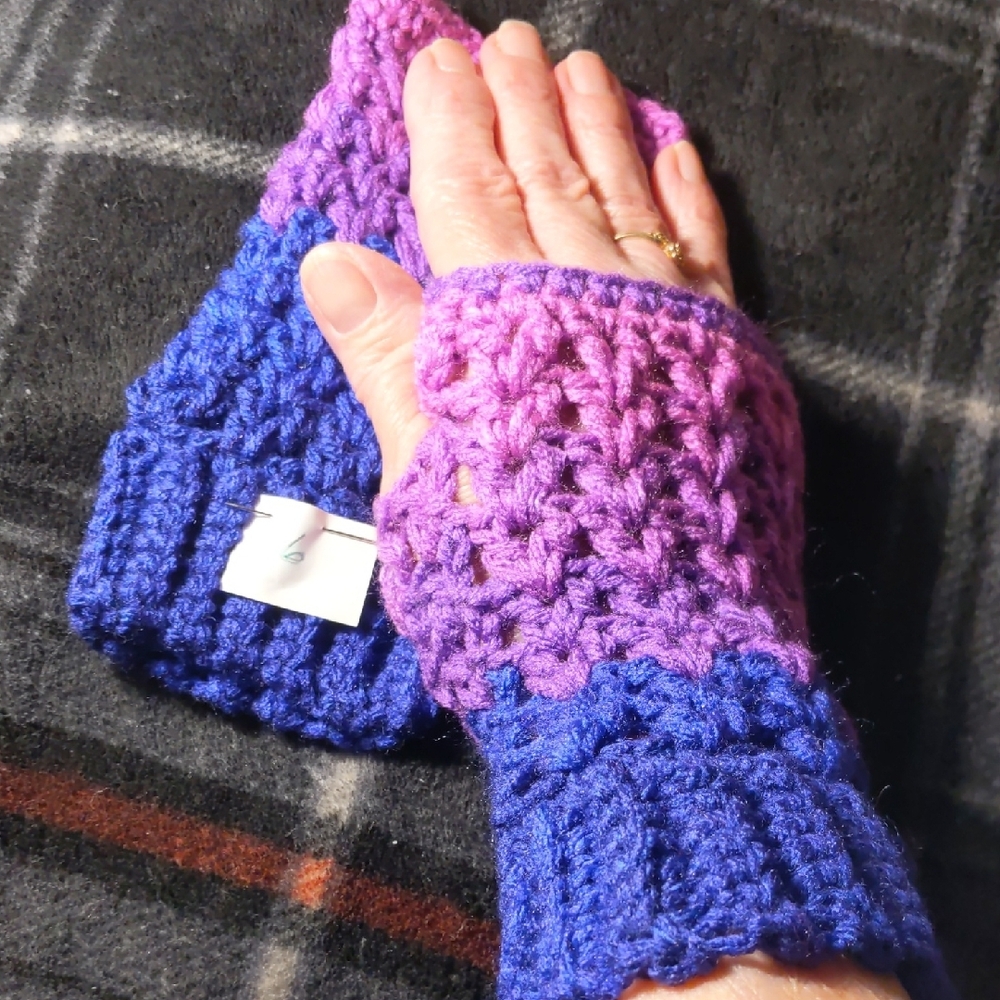 Purple and Blue Crochet Fingerless Gloves Small